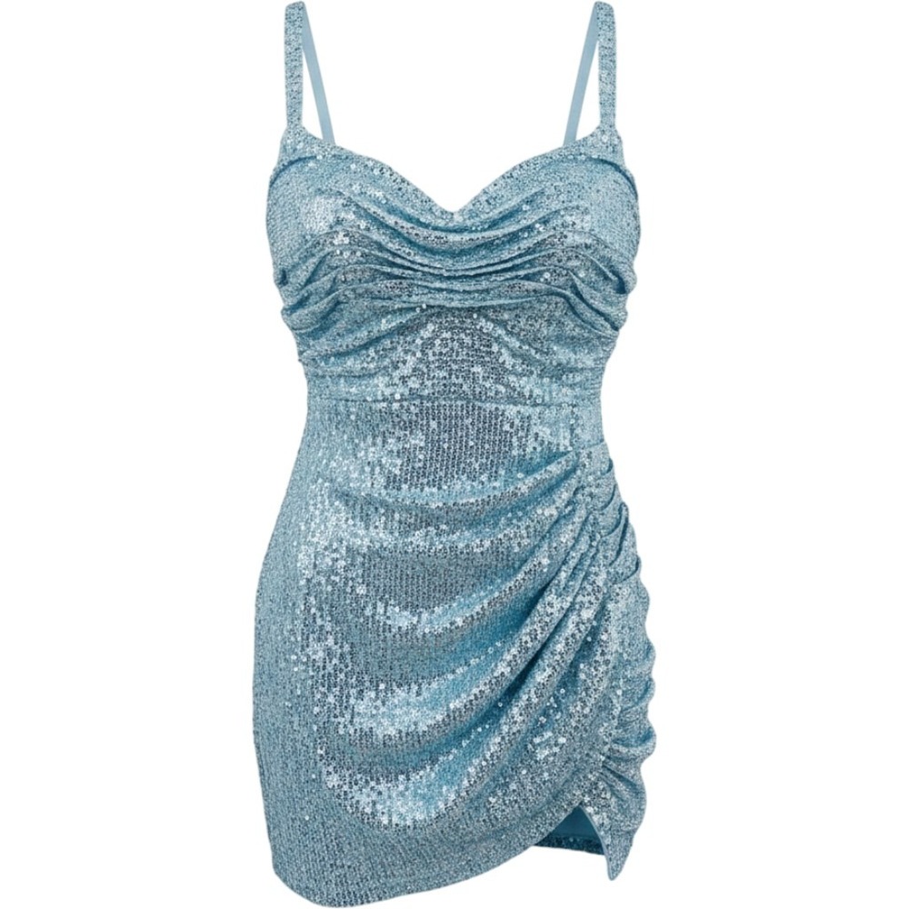 Glam Mermaidcore Sequin Mini Dress Size 8 Ice Blue‎ Ruched Tie Back Party Y2K